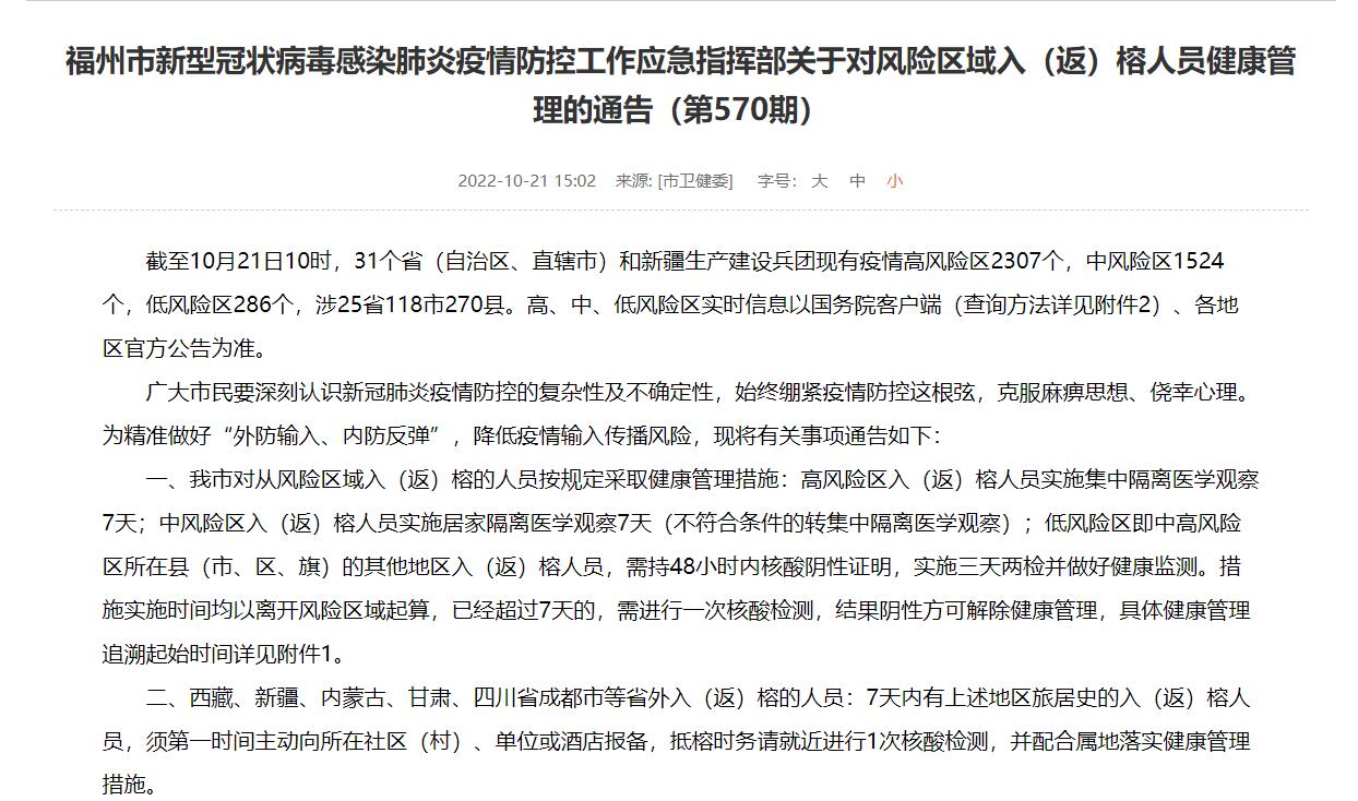 10月21日风险区域入（返）榕人员健康管理追溯起始时间一览表