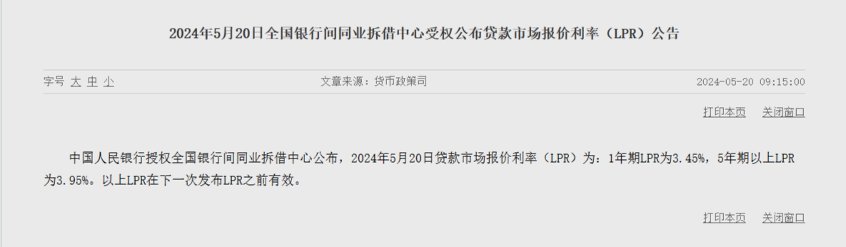 2024年5月20日贷款市场报价利率（LPR）
