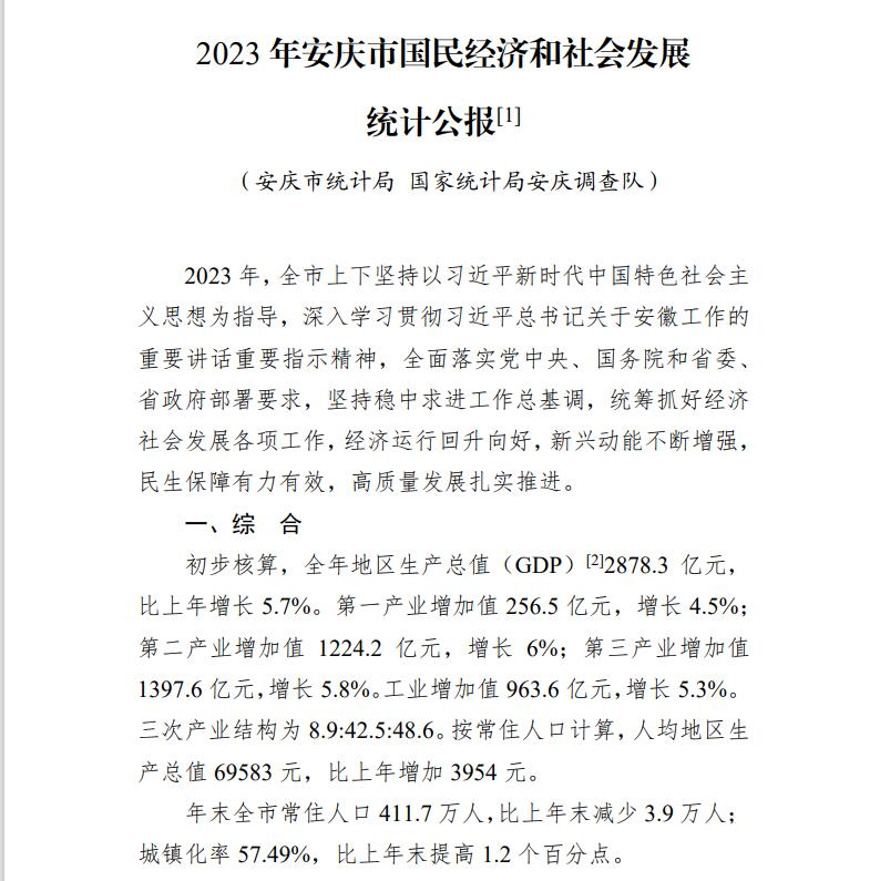 2023年安庆市国民经济和社会发展统计公报
