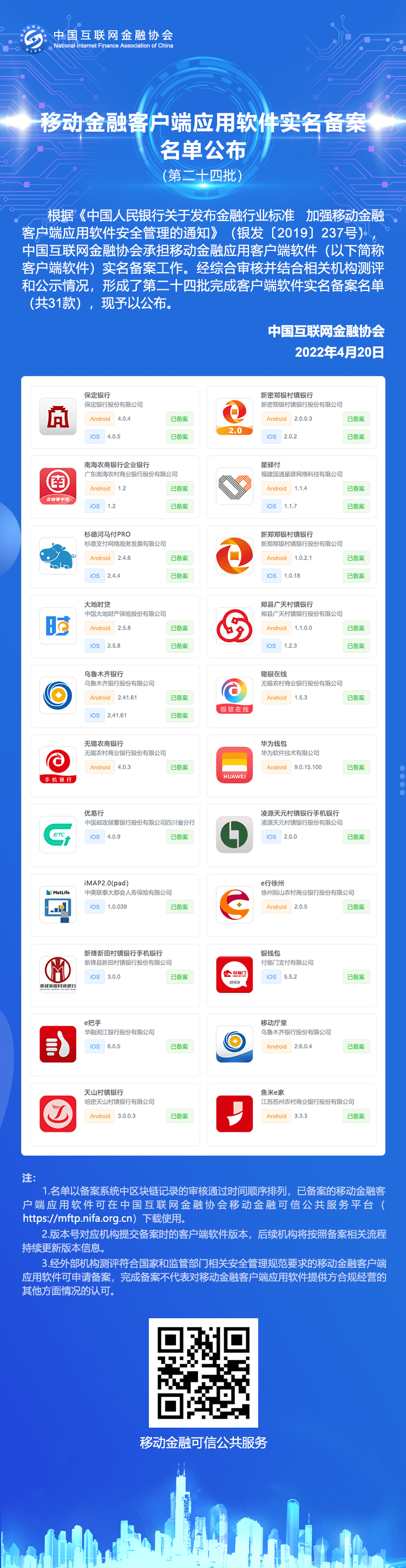 移动金融客户端应用软件实名备案名单公布（第二十四批）