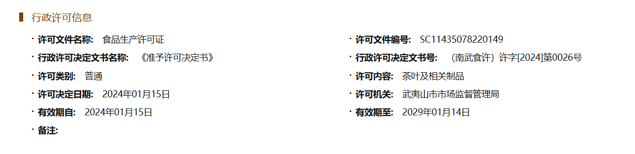 八马福建武夷山王信记茶业有限公司茶叶食品生产许可证SC11435078220149